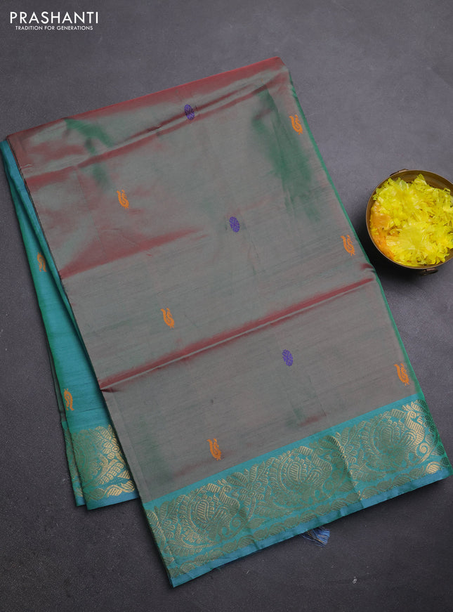 Banana pith saree dual shade of greenish pink and teal blue with thread woven buttas and zari woven border