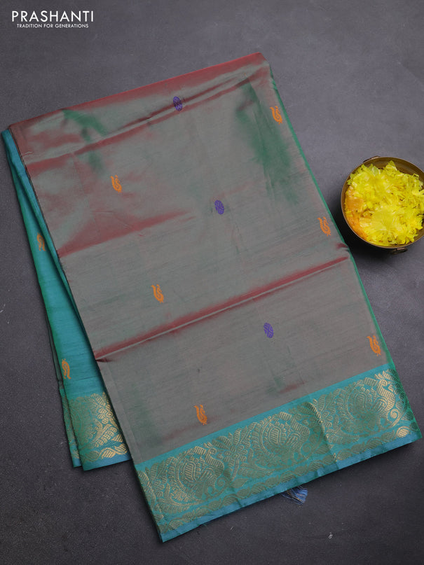 Banana pith saree dual shade of greenish pink and teal blue with thread woven buttas and zari woven border