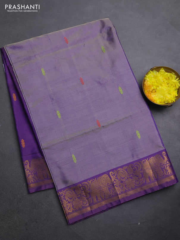 Banana pith saree greyish purple and violet with thread woven buttas and zari woven border