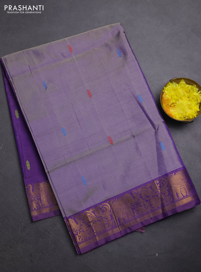 Banana pith saree greyish purple and violet with thread woven buttas and zari woven border