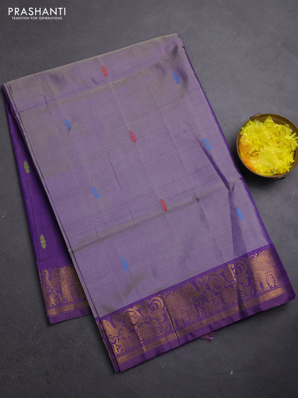 Banana pith saree greyish purple and violet with thread woven buttas and zari woven border