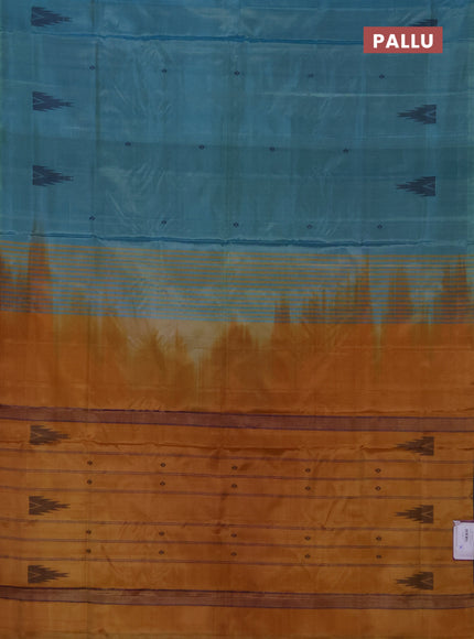 Banana pith saree teal blue and mustard shade with thread woven buttas in borderless style