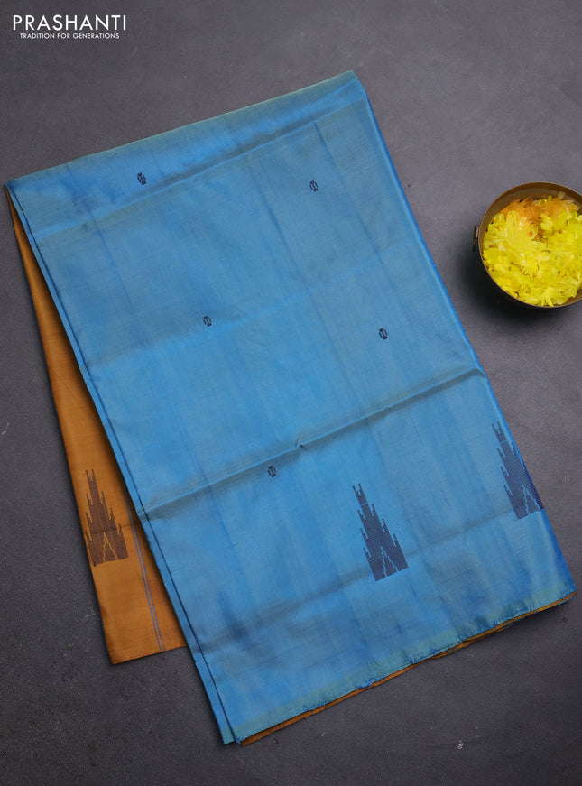 Banana pith saree blue shade and dark mustard with thread woven buttas in borderless style
