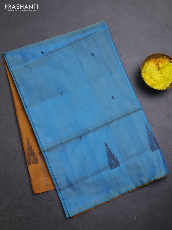 Banana pith saree blue shade and dark mustard with thread woven buttas in borderless style