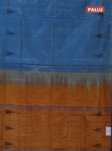 Banana pith saree blue shade and dark mustard with thread woven buttas in borderless style