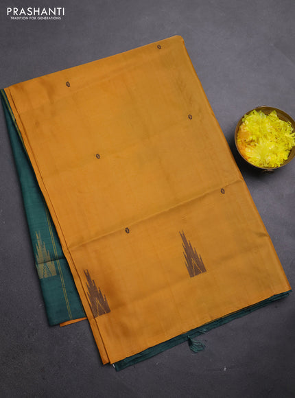 Banana pith saree mustard shade and peacock green with thread woven buttas in borderless style