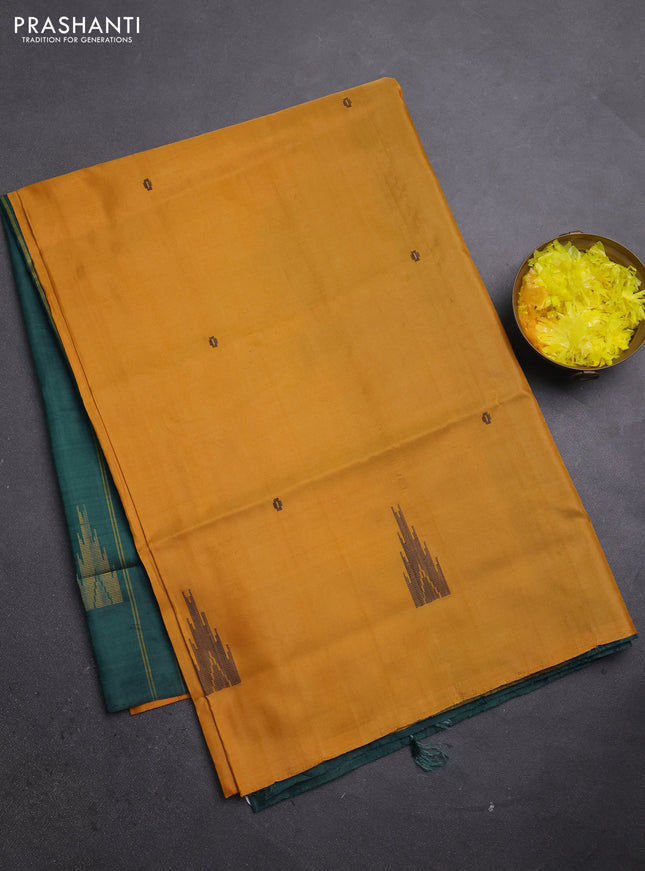 Banana pith saree mustard shade and peacock green with thread woven buttas in borderless style