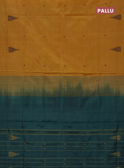 Banana pith saree mustard shade and peacock green with thread woven buttas in borderless style
