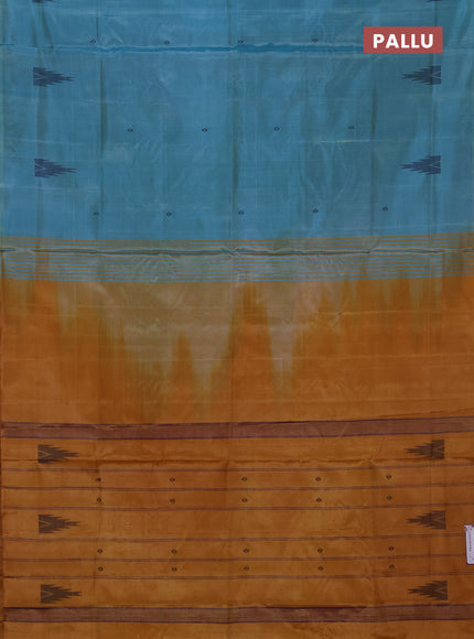 Banana pith saree teal blue and mustard shade with thread woven buttas in borderless style
