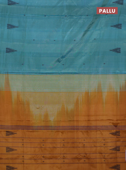 Banana pith saree teal blue and dark mustard with thread woven buttas in borderless style