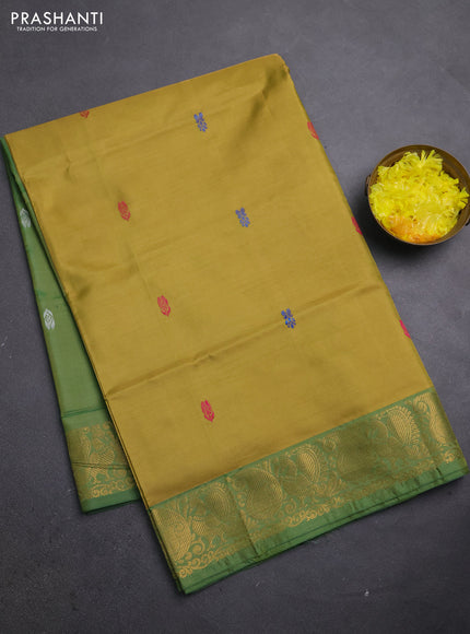 Banana pith saree mustard and green with thread woven buttas and zari woven border