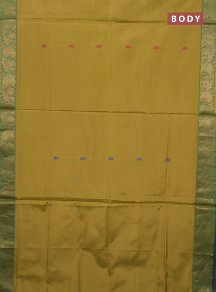 Banana pith saree mustard and green with thread woven buttas and zari woven border
