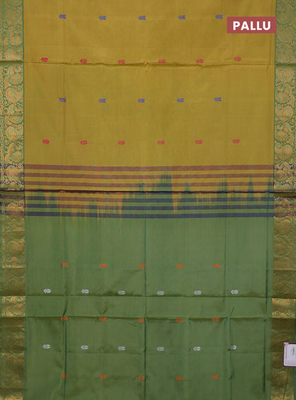 Banana pith saree mustard and green with thread woven buttas and zari woven border