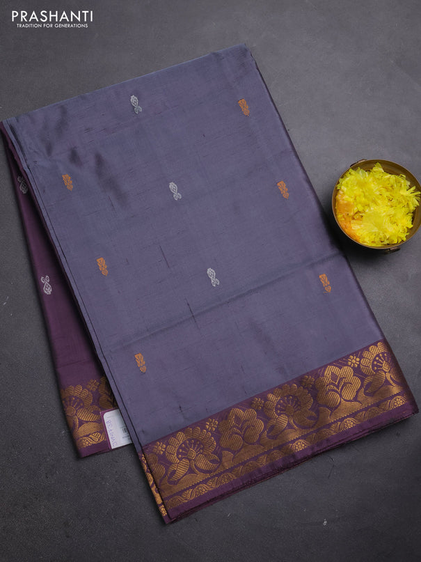 Banana pith saree dark grey and wine with thread woven buttas and zari woven border