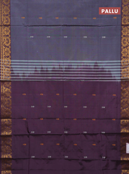 Banana pith saree dark grey and wine with thread woven buttas and zari woven border