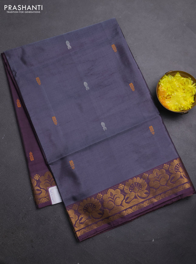 Banana pith saree dark grey and wine with thread woven buttas and zari woven border