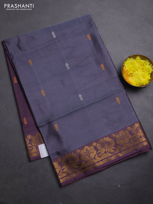 Banana pith saree dark grey and wine with thread woven buttas and zari woven border