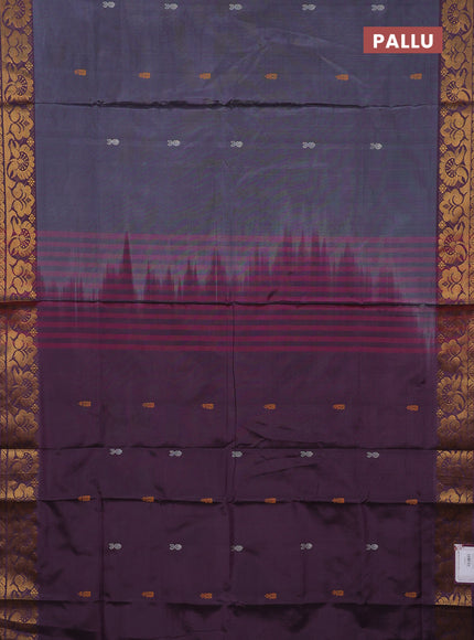 Banana pith saree dark grey and wine with thread woven buttas and zari woven border