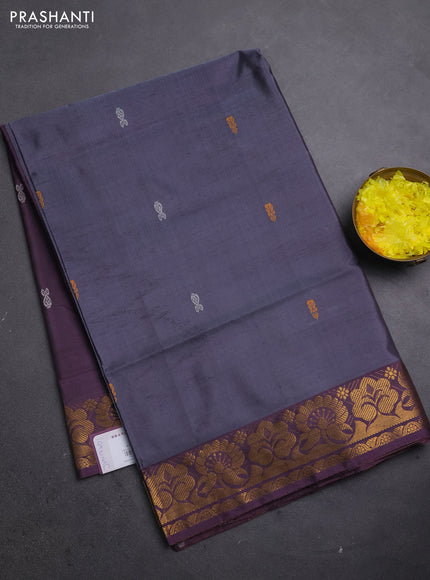 Banana pith saree dark grey and wine with thread woven buttas and zari woven border