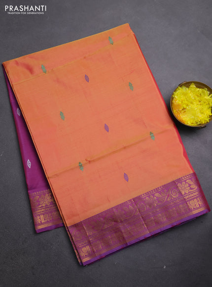 Banana pith saree sunset orange and purple with thread woven buttas and zari woven border