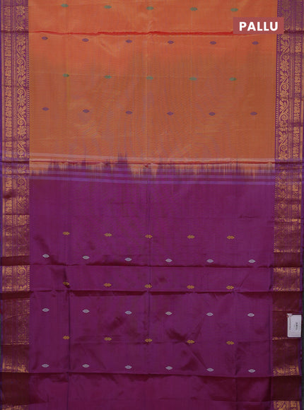 Banana pith saree sunset orange and purple with thread woven buttas and zari woven border