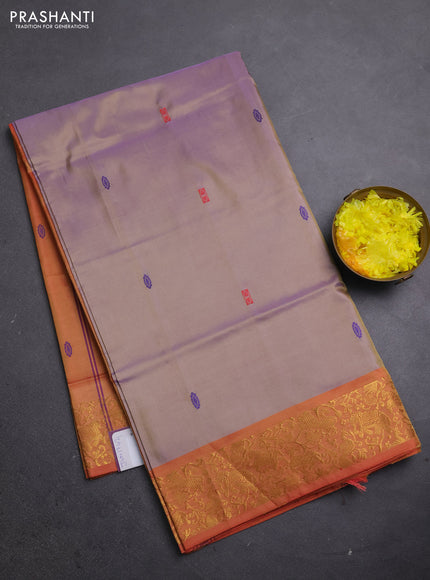 Banana pith saree lavender and orange with thread woven buttas and zari woven border