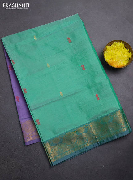 Banana pith saree green shade and lavender with thread woven buttas and zari woven border