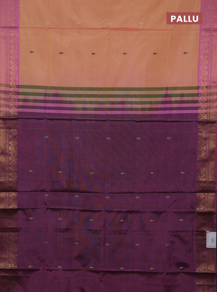 Banana pith saree pale orange and dual shade of pink with thread woven buttas and zari woven border