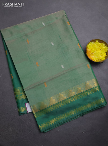 Banana pith saree dual shade of green and green with thread woven buttas and temple design rettapet zari woven border
