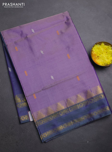 Banana pith saree lavender and dual shade of peacock green with thread woven buttas and temple design rettapet zari woven border