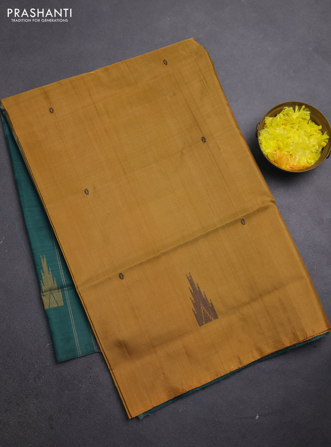 Banana pith saree mustard and peacock green with thread woven buttas in borderless style
