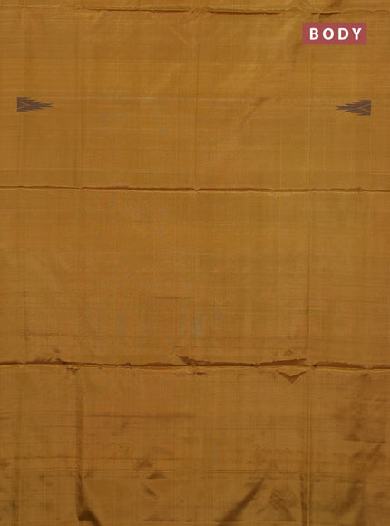 Banana pith saree mustard and peacock green with thread woven buttas in borderless style