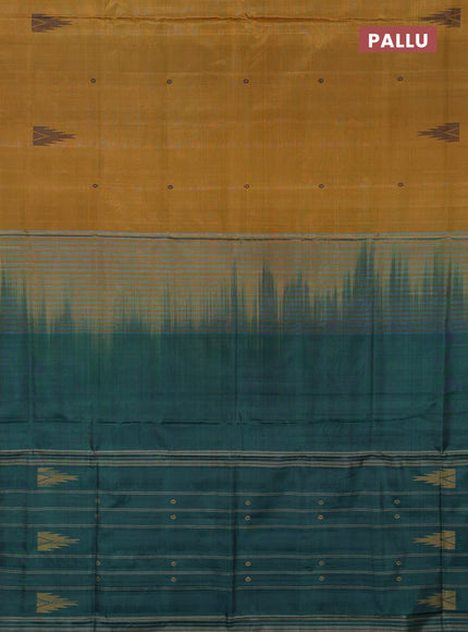 Banana pith saree mustard and peacock green with thread woven buttas in borderless style