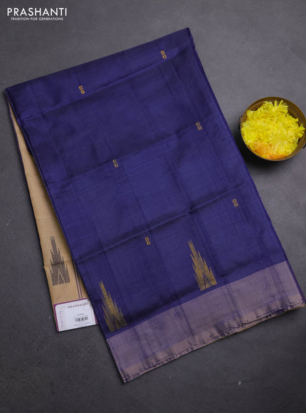 Banana pith saree navy blue and beige with thread woven buttas and simple border