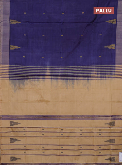Banana pith saree navy blue and beige with thread woven buttas and simple border