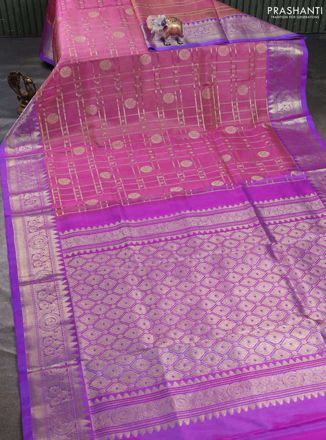 Venkatagiri silk saree dual shade of pink and dual shade of lavender with allover zari checks & buttas and rich zari woven border