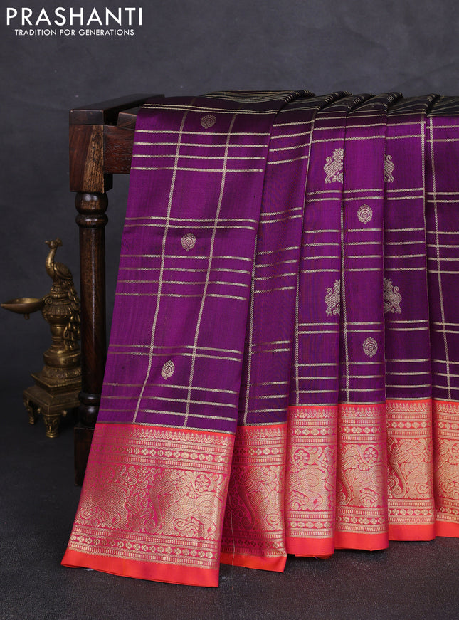 Venkatagiri silk saree dark purple and dual shade of pinkish orange with allover zari checks & buttas and rich zari woven border
