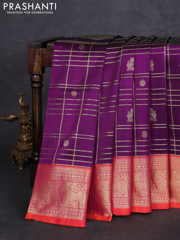 Venkatagiri silk saree dark purple and dual shade of pinkish orange with allover zari checks & buttas and rich zari woven border
