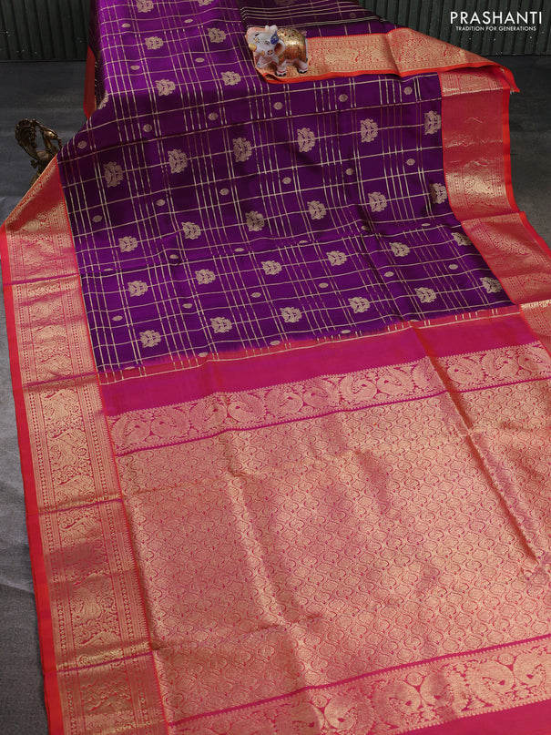 Venkatagiri silk saree dark purple and dual shade of pinkish orange with allover zari checks & buttas and rich zari woven border