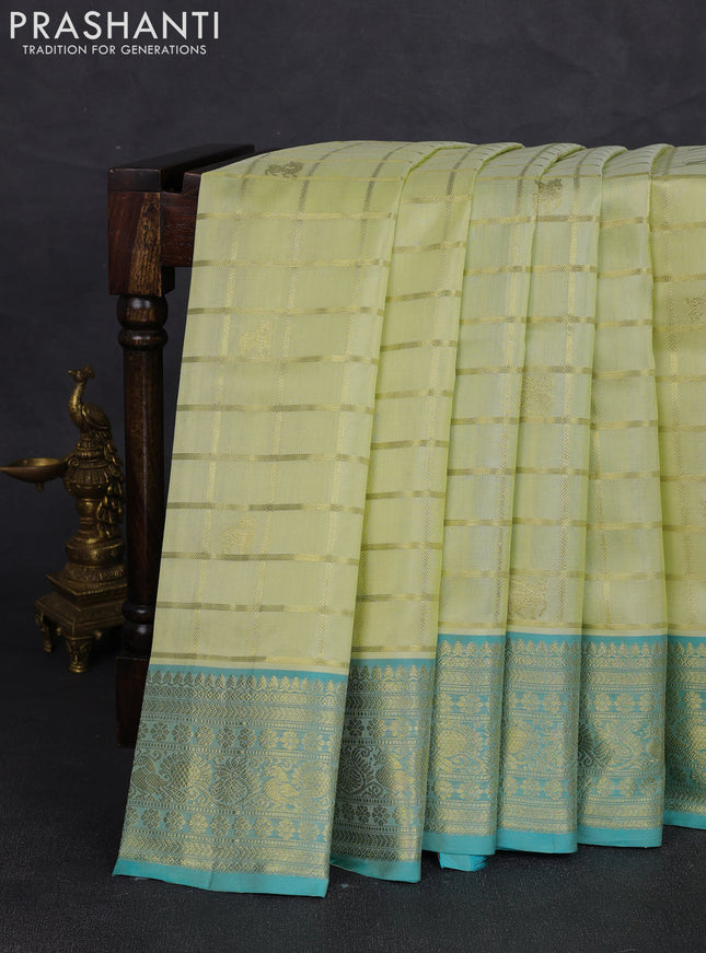 Venkatagiri silk saree mild pista green and teal blue shade with allover zari checks & buttas and rich zari woven border
