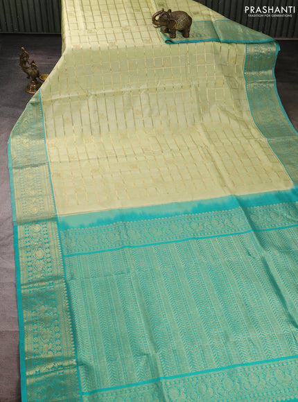 Venkatagiri silk saree mild pista green and teal blue shade with allover zari checks & buttas and rich zari woven border