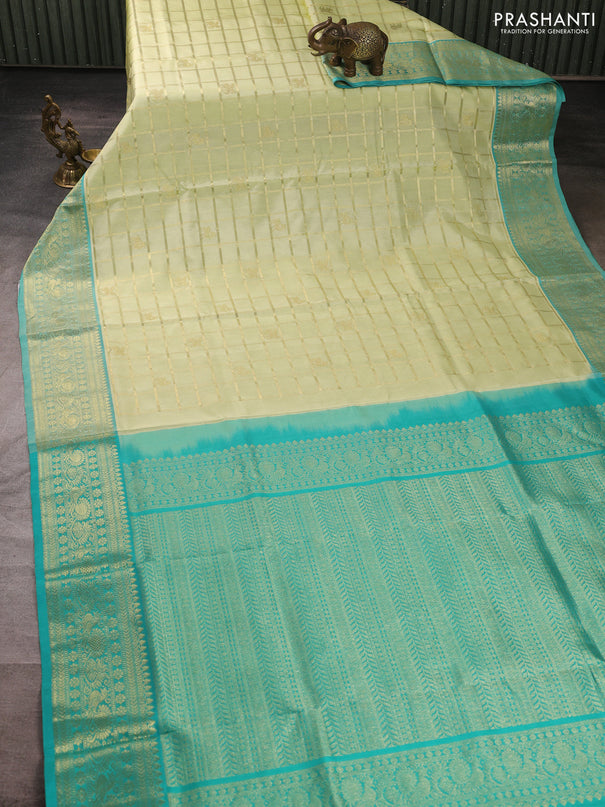 Venkatagiri silk saree mild pista green and teal blue shade with allover zari checks & buttas and rich zari woven border
