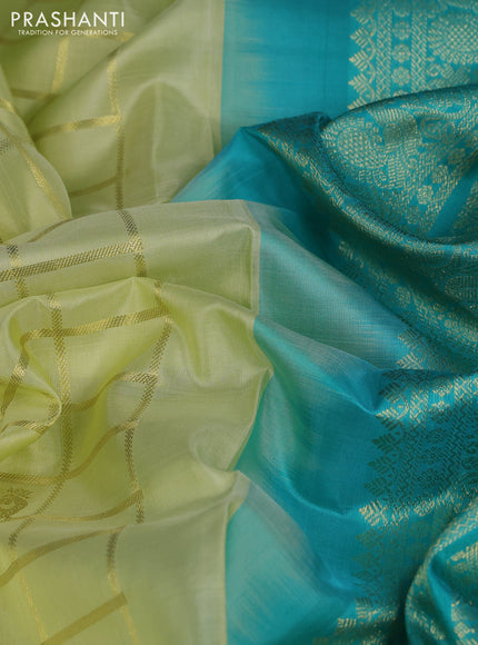 Venkatagiri silk saree mild pista green and teal blue shade with allover zari checks & buttas and rich zari woven border