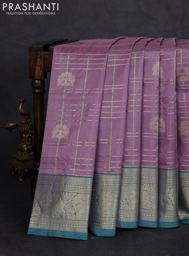 Venkatagiri silk saree mild lavender and teal green with allover zari checks & buttas and rich zari woven border