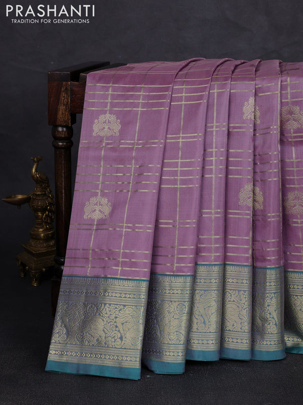 Venkatagiri silk saree mild lavender and teal green with allover zari checks & buttas and rich zari woven border