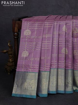 Venkatagiri silk saree mild lavender and teal green with allover zari checks & buttas and rich zari woven border
