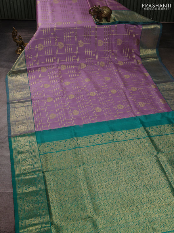 Venkatagiri silk saree mild lavender and teal green with allover zari checks & buttas and rich zari woven border