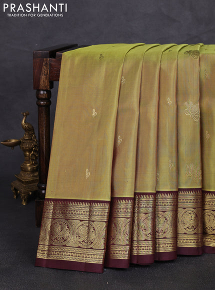 Venkatagiri silk saree dual shade of pista green and coffee brown with zari woven buttas and rich zari woven border