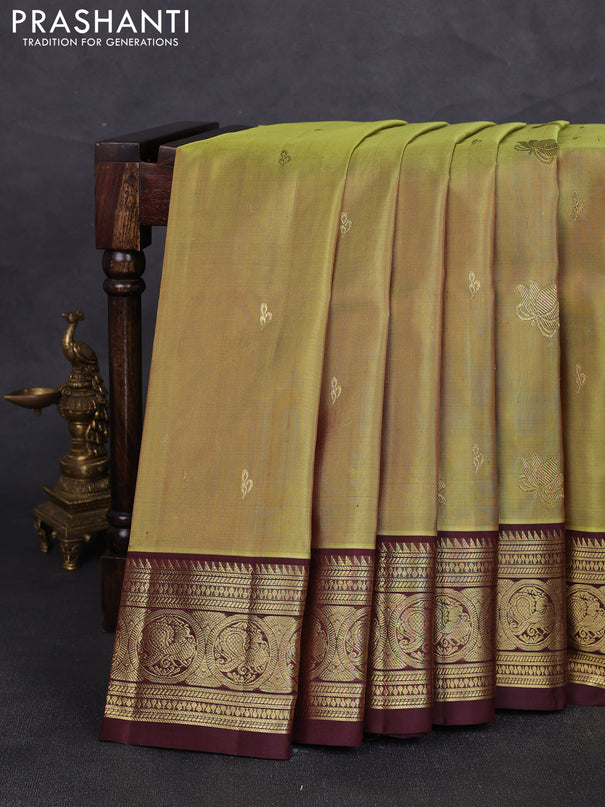 Venkatagiri silk saree dual shade of pista green and coffee brown with zari woven buttas and rich zari woven border