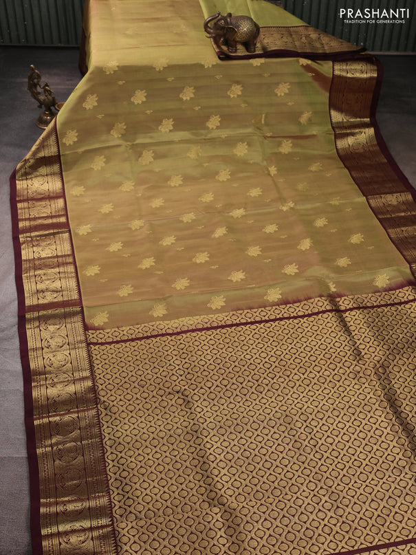 Venkatagiri silk saree dual shade of pista green and coffee brown with zari woven buttas and rich zari woven border